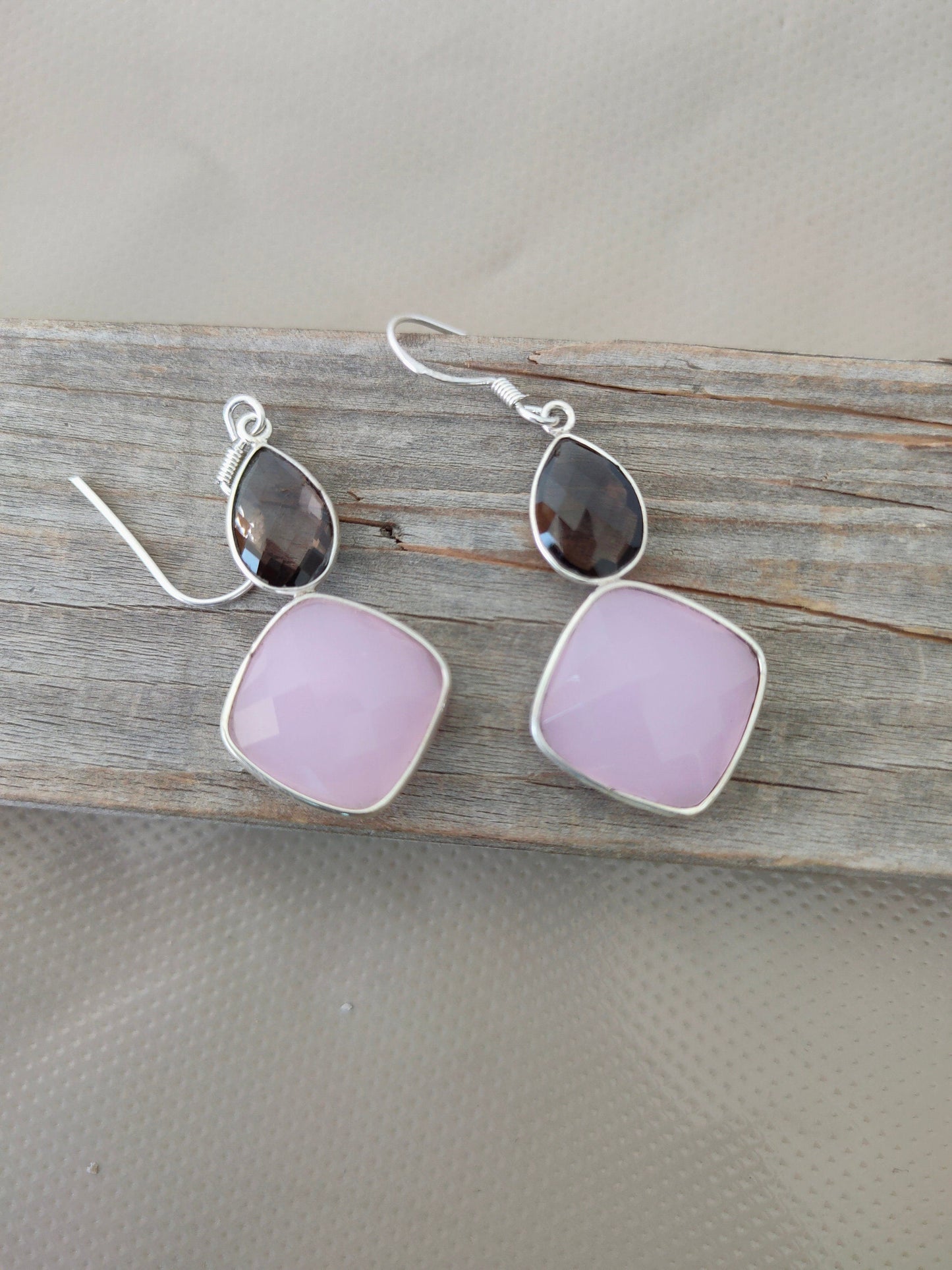 Smoky Quartz and Rose Quartz Sterling Silver Earrings , Handmade Silver Earrings ,Dainty Earrings , Silver Earrings , Silver Jewelry Earring