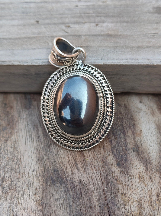 Handmade Hematite Pendant of Solid 925 Sterling Silver, Beautiful Hematite Pendant in Oval Shape, Boho Pendant Gift for her