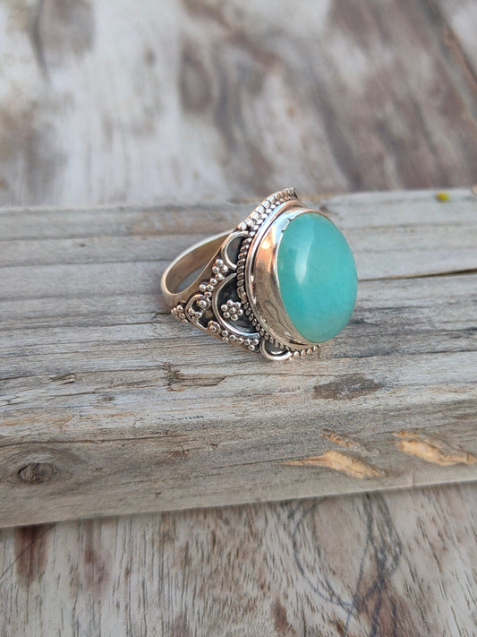 Boho Statement Ring -  Blue Calci Sterling Silver Ring - Hand Crafted Bohemian Ring-Bohemian Ring - Aqua Blue Calci Rings -Gift for