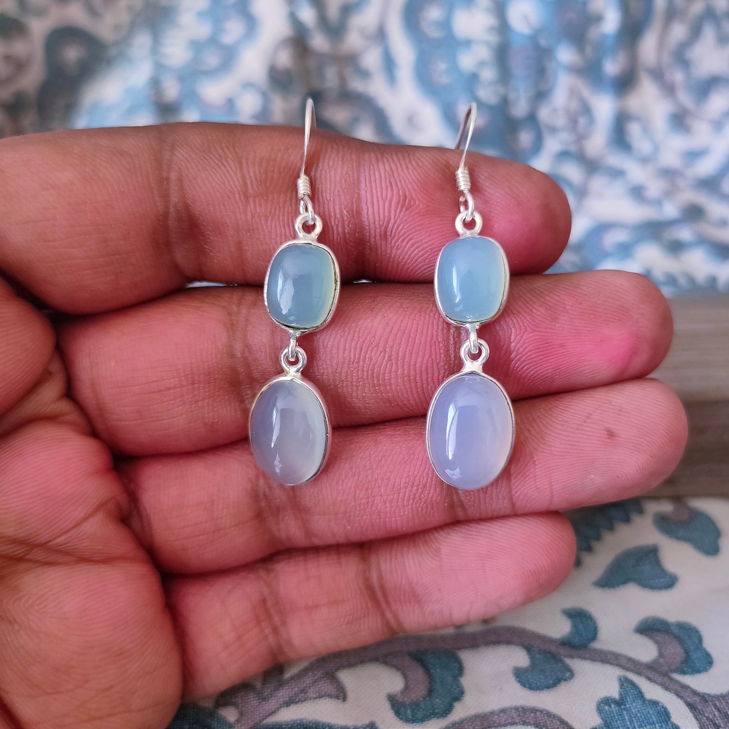 Aqua Blue Calcy Sterling Silver Handmade Earring |Aqua Blue Calcy Stone   long earrings - Earrings - Gift for Her - 925 silver earrings